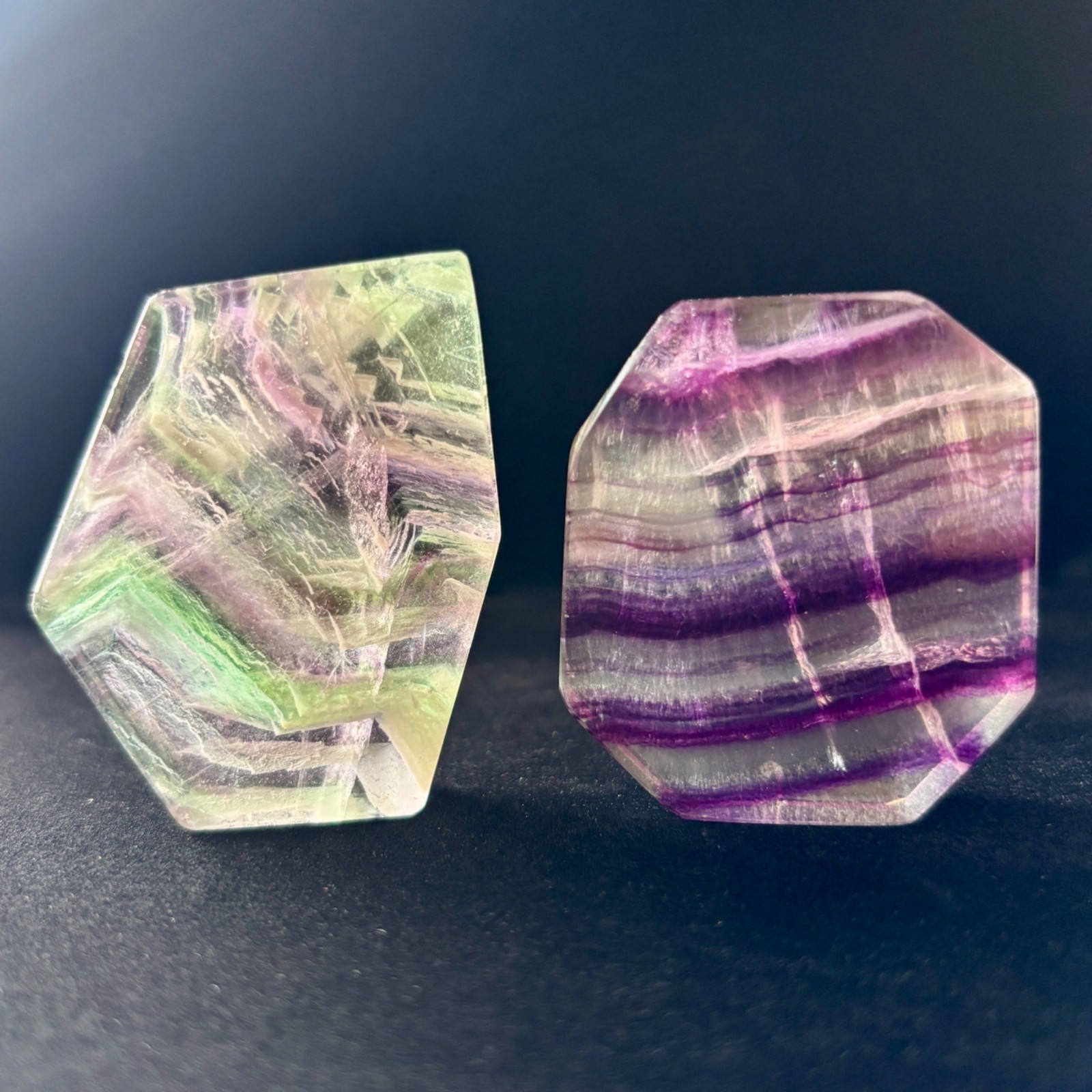 Fluorite Lot Geometric Polished Palm Stone Purple Green Slabs Display UV Glow