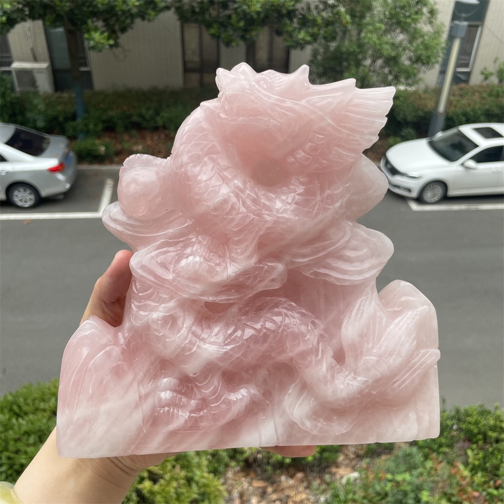 5.2LB 7.8″ Rare Natural A+ Rose Quartz Dragon Quartz Crystal Statue Deocr Reiki