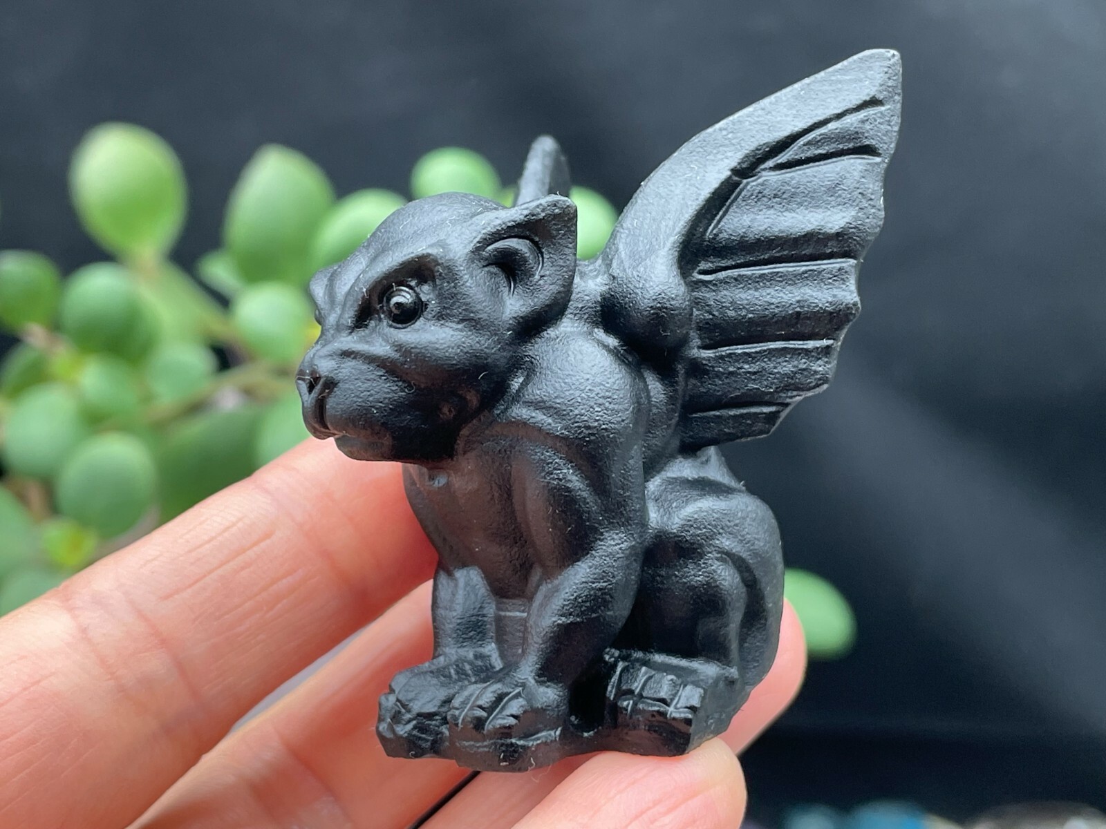 Natural Obsidian Crystal Gargoyle Hand Carved Housewarming Gift D110351