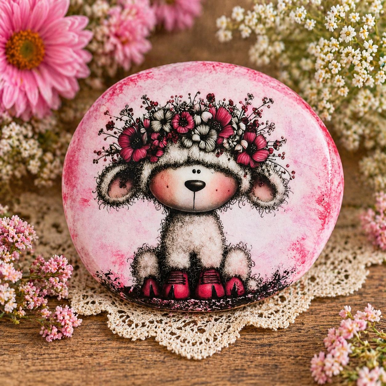 Floral Lamb Painted Rock – Hand Designed Upcycled Stone – Cute Sheep Gift – Cott
