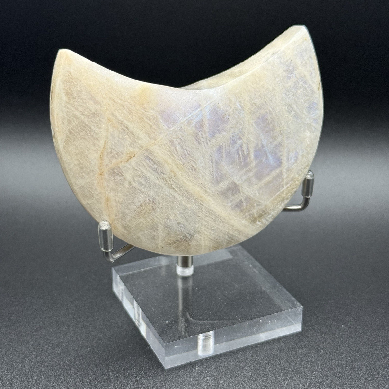 Polished Blue-flash Moonstone Crescent Moon Carving, Approx 3 inches