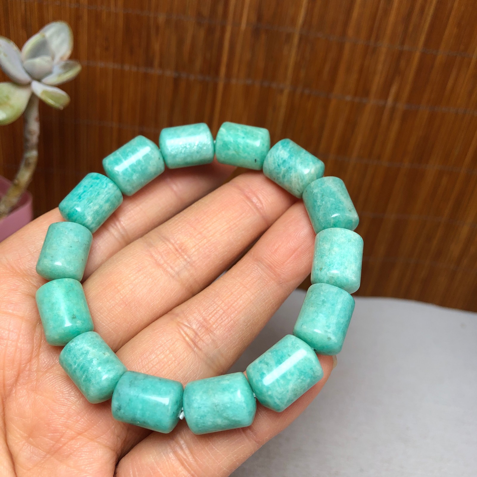 Natural amazon stone Bracelet Brown Gemstone Stretch Bucket bead Handmade A3700