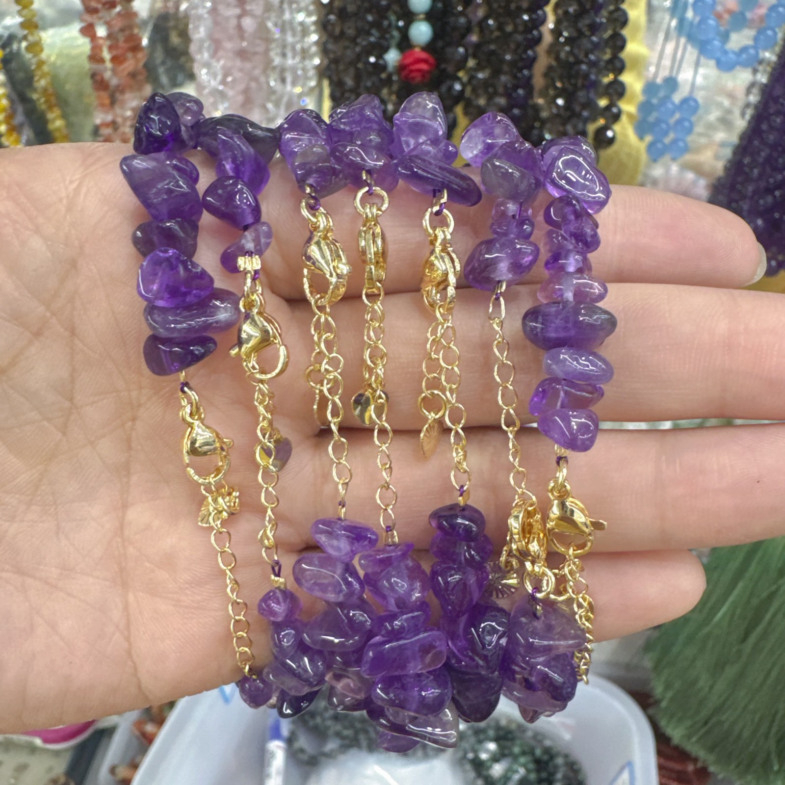 6 Pcs Natural Amethyst Crystal Chip Bead Bracelet Gold Buckle Chain Adjustable