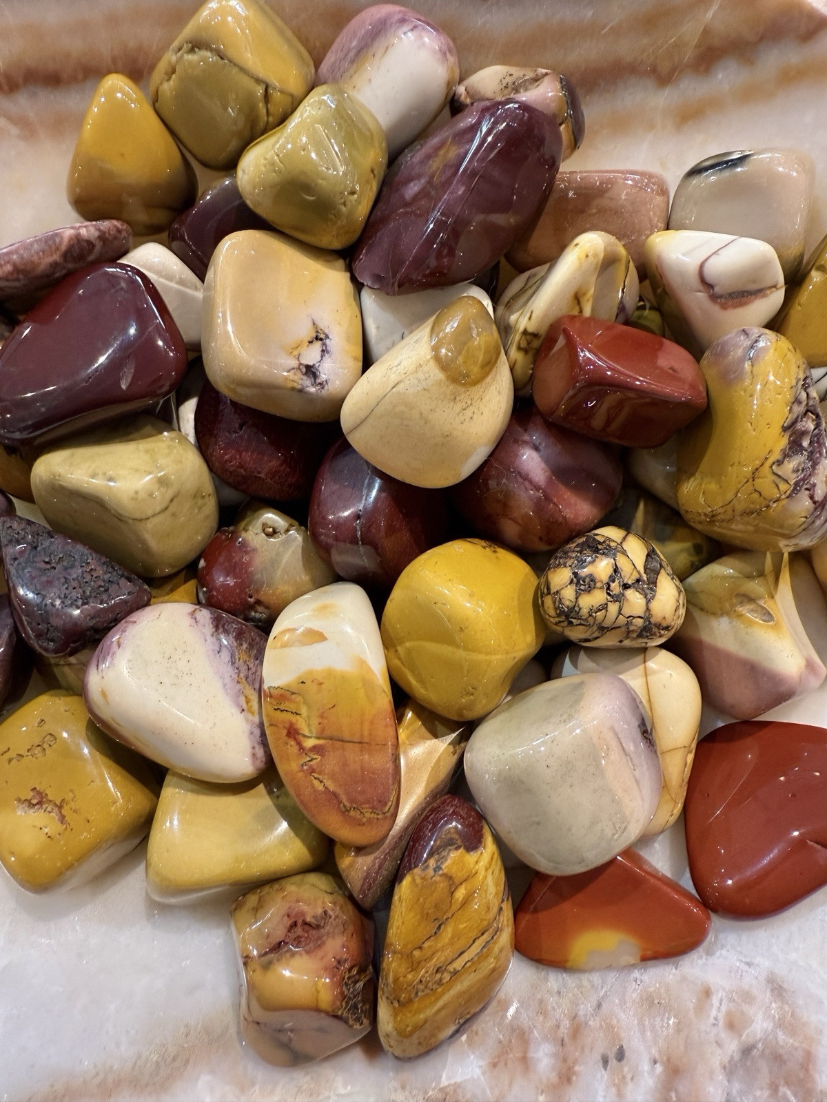 Mookaite Jasper Tumbled Stones, Gorgeous Color, High Grade Polish, Quantity Disc