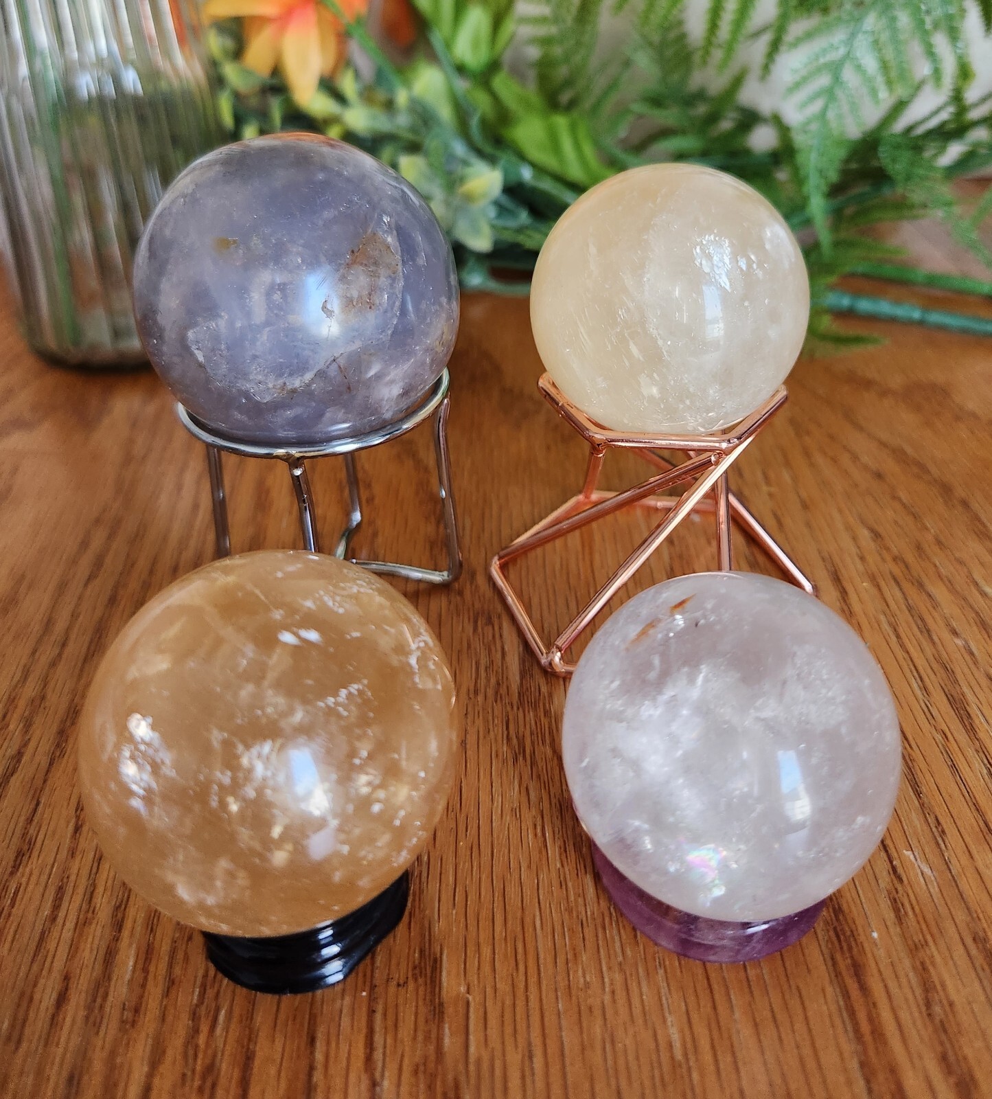 Sphere Bundle – Flashy Citrine (2), Flashy Clear Quartz, and Lavender Quartz