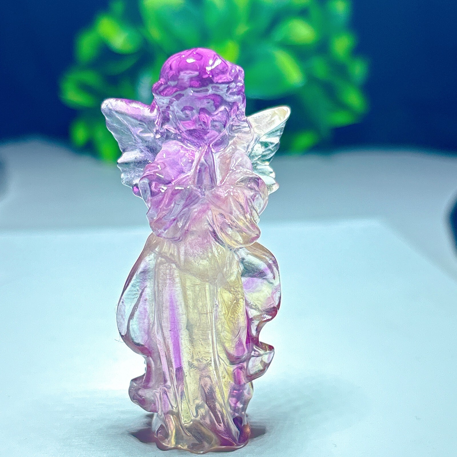 1PC Natural rainbow fluorite carving angel quartz crystal healing gift