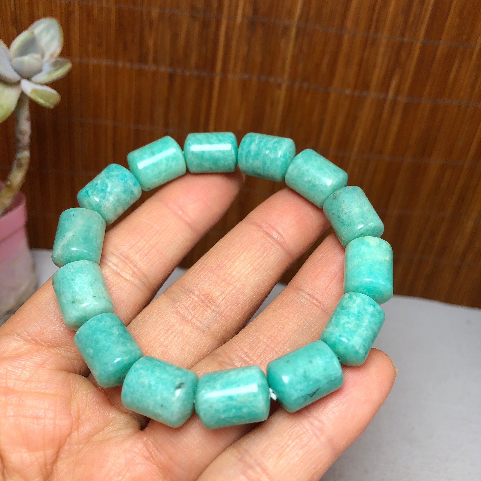 Natural amazon stone Bracelet Brown Gemstone Stretch Bucket bead Handmade A3700