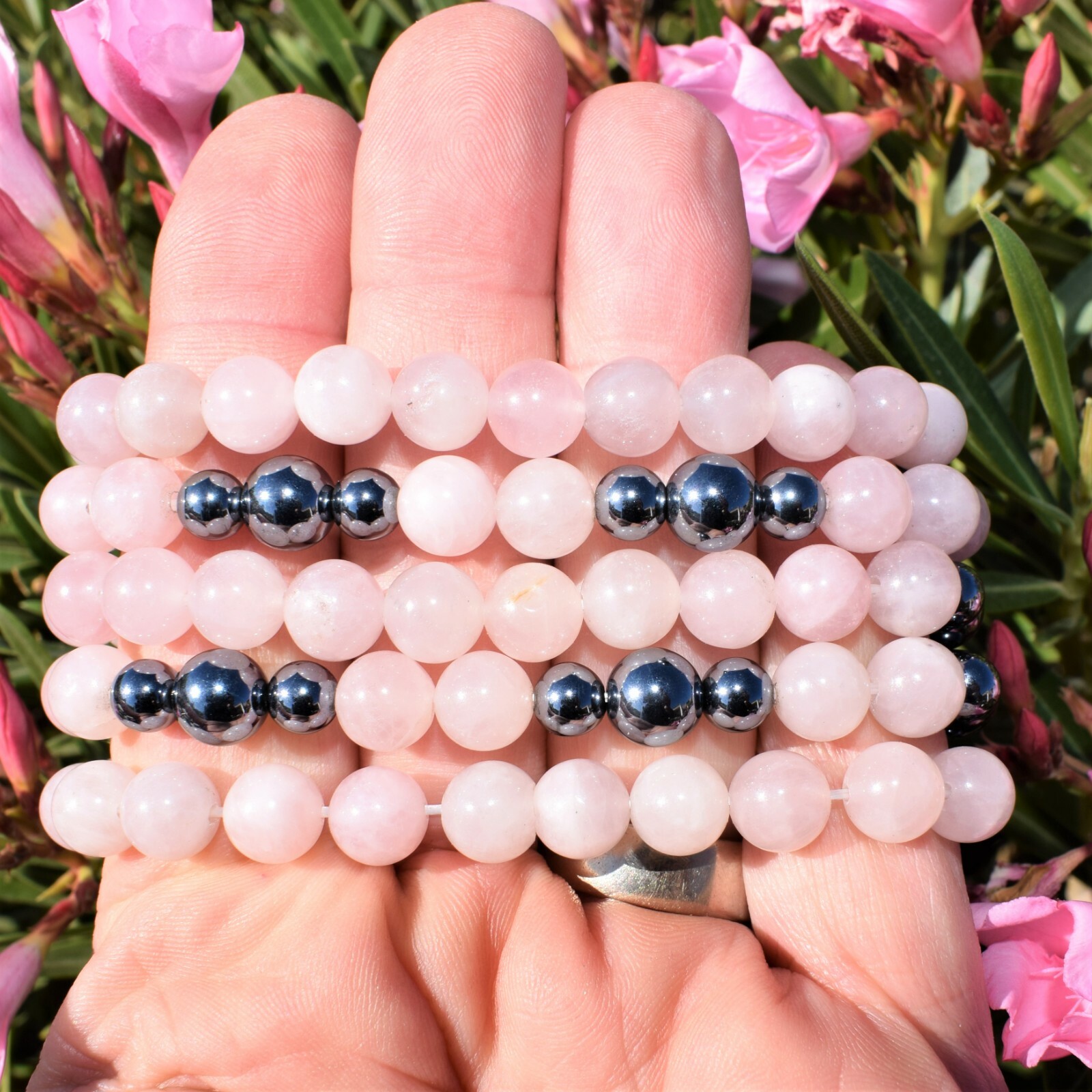 Premium CHARGED Rose Quartz + Terahertz Quantum Wave Beads Bracelet + Selenite
