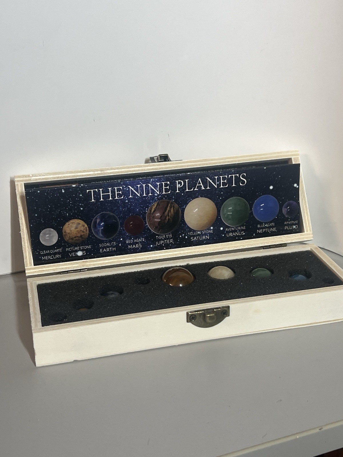 Nine Planets Natural Crystal Mineral Ball Set Solar System Specimens in Wood Box