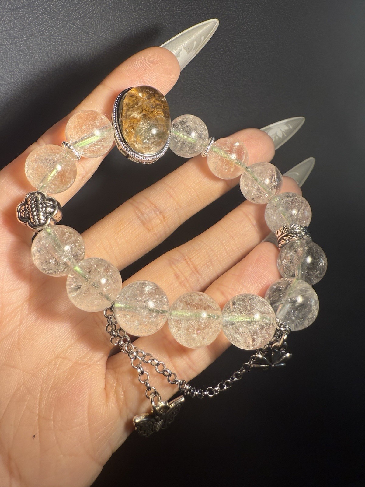12.1mm Unique Natural Sparkly Phantom Crystal with Huge Phantom Charm Bracelet