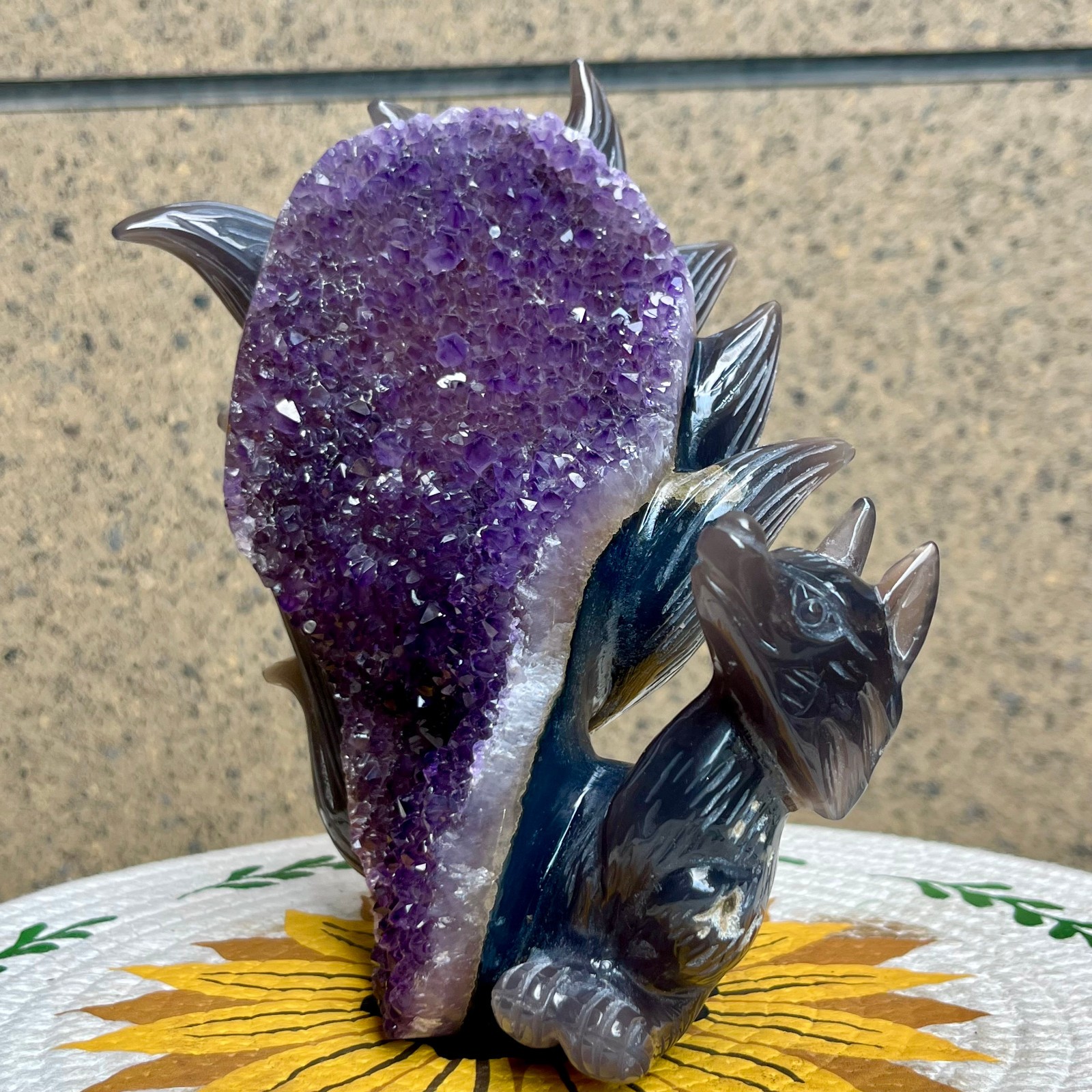 3.6 lb Hand Carved Agate Geode Fox Figurine Druzy Crystal Animal Art Decor