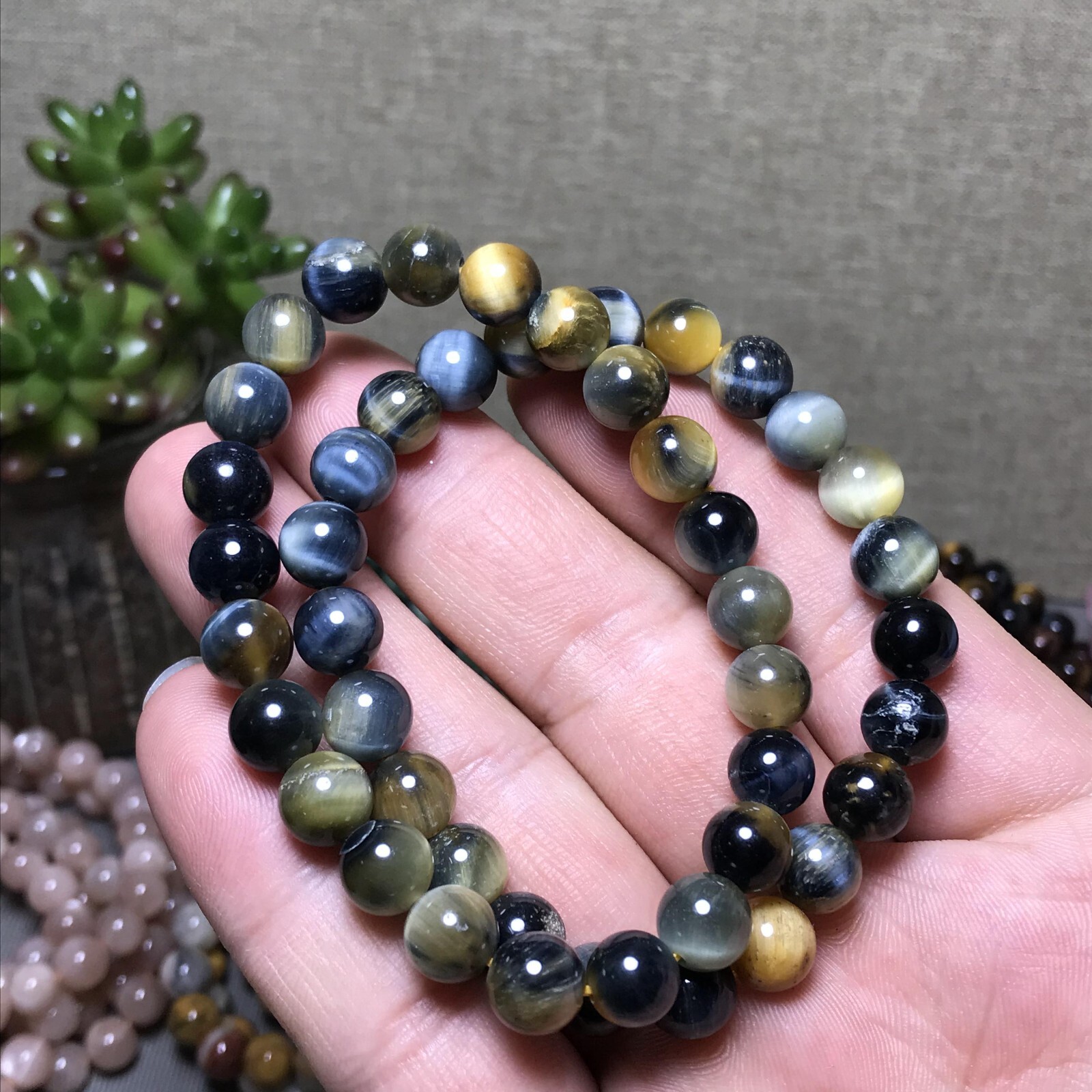 5Pcs Wholesal Natural Polish yellow Blue Tiger eye bracelets Crystal ball 8mm