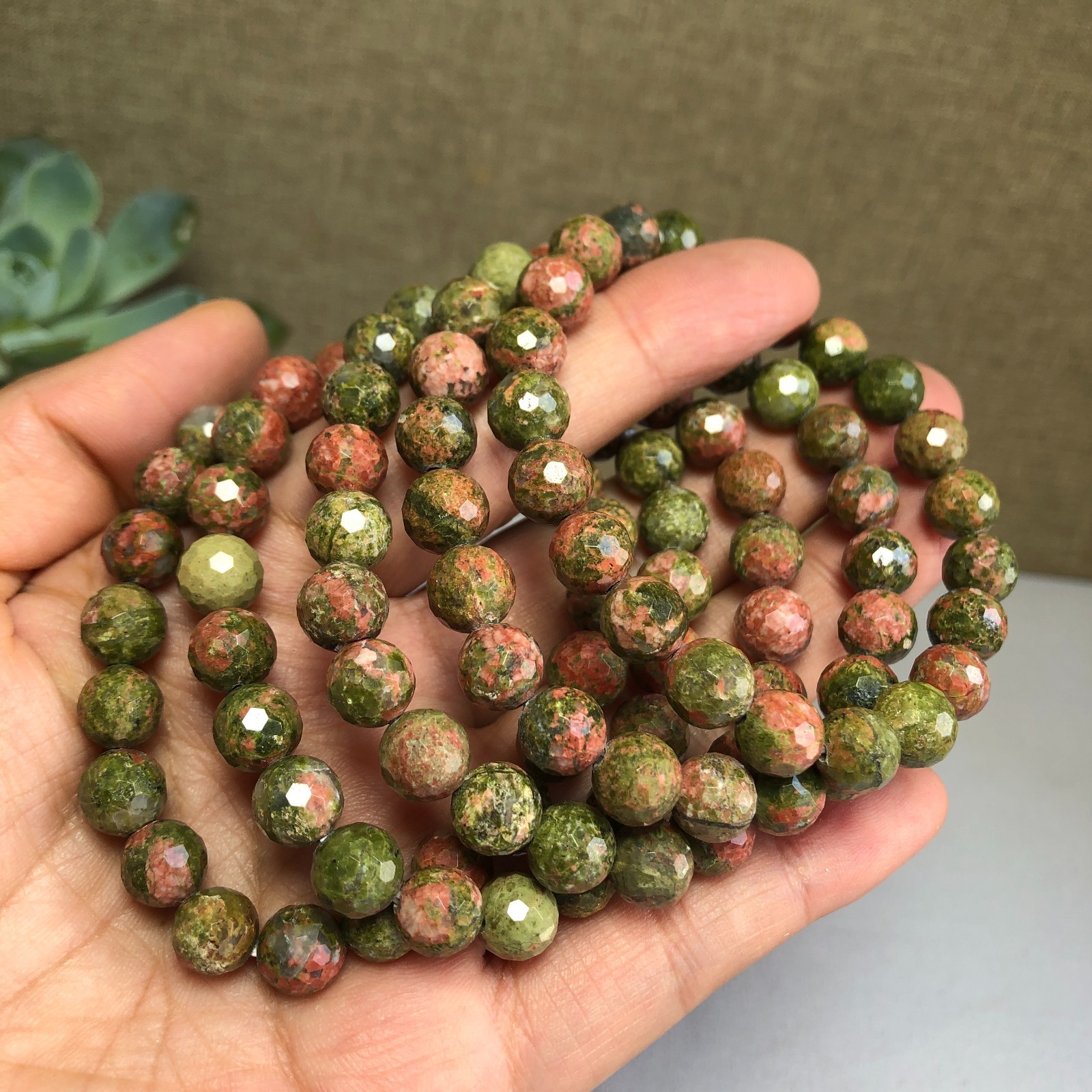 5PcsWholesal Natural Unakite Agate Stone bracelets Crystal ball sphere facet 8mm