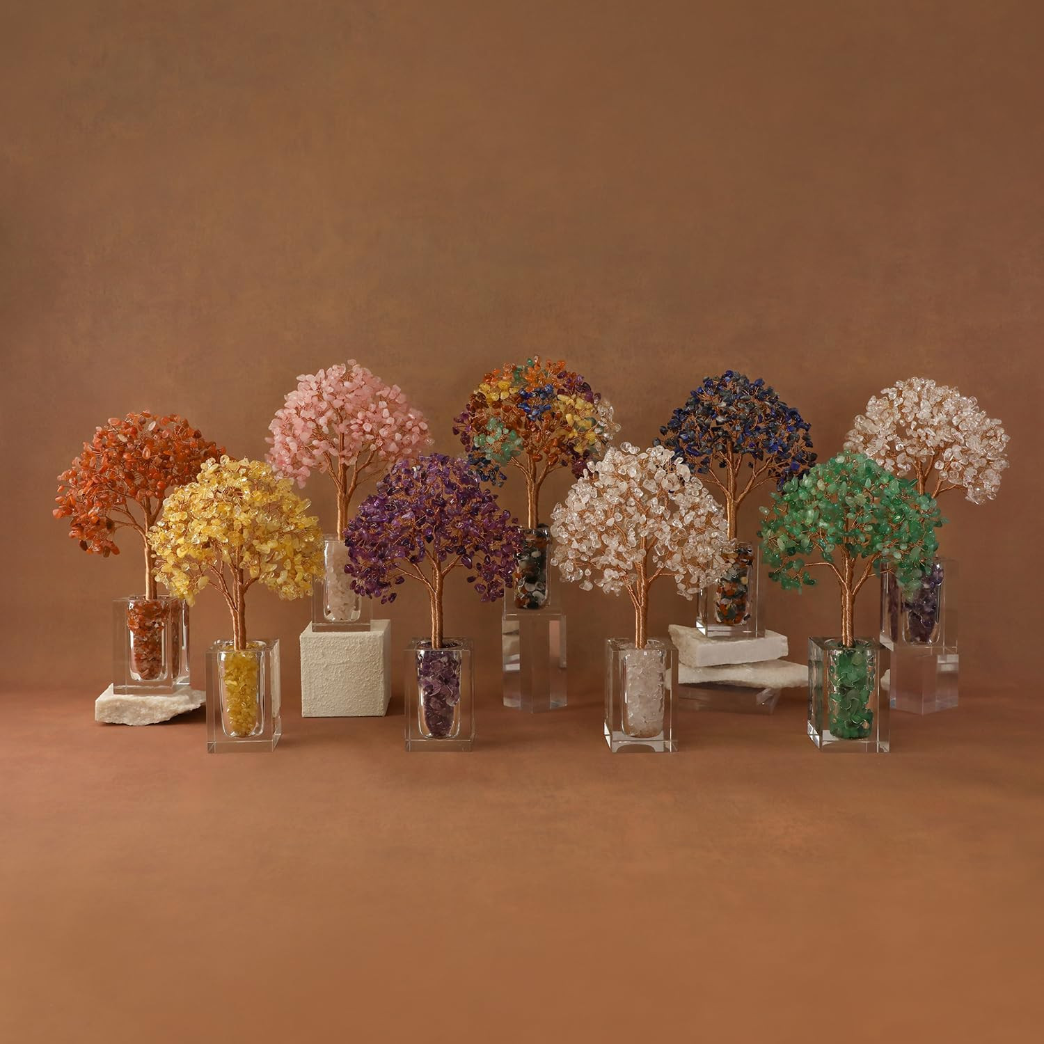Rose Quartz Crystal Trees of Life for Home Office Desk Deco, Pink Bonsai Tree, C
