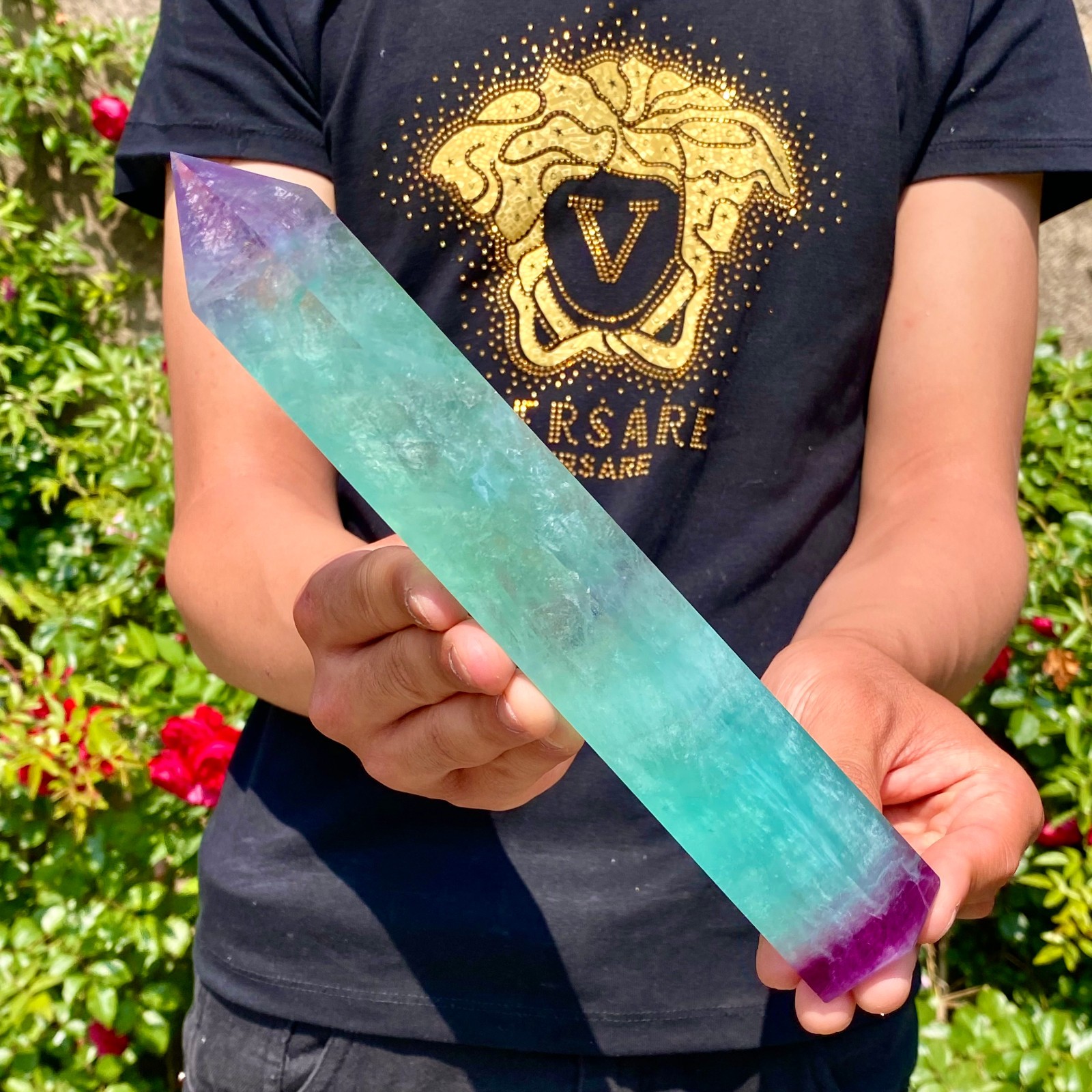 1.8LB Natural rainbow fluorite obelisk quartz crystal wand point Gem Healing