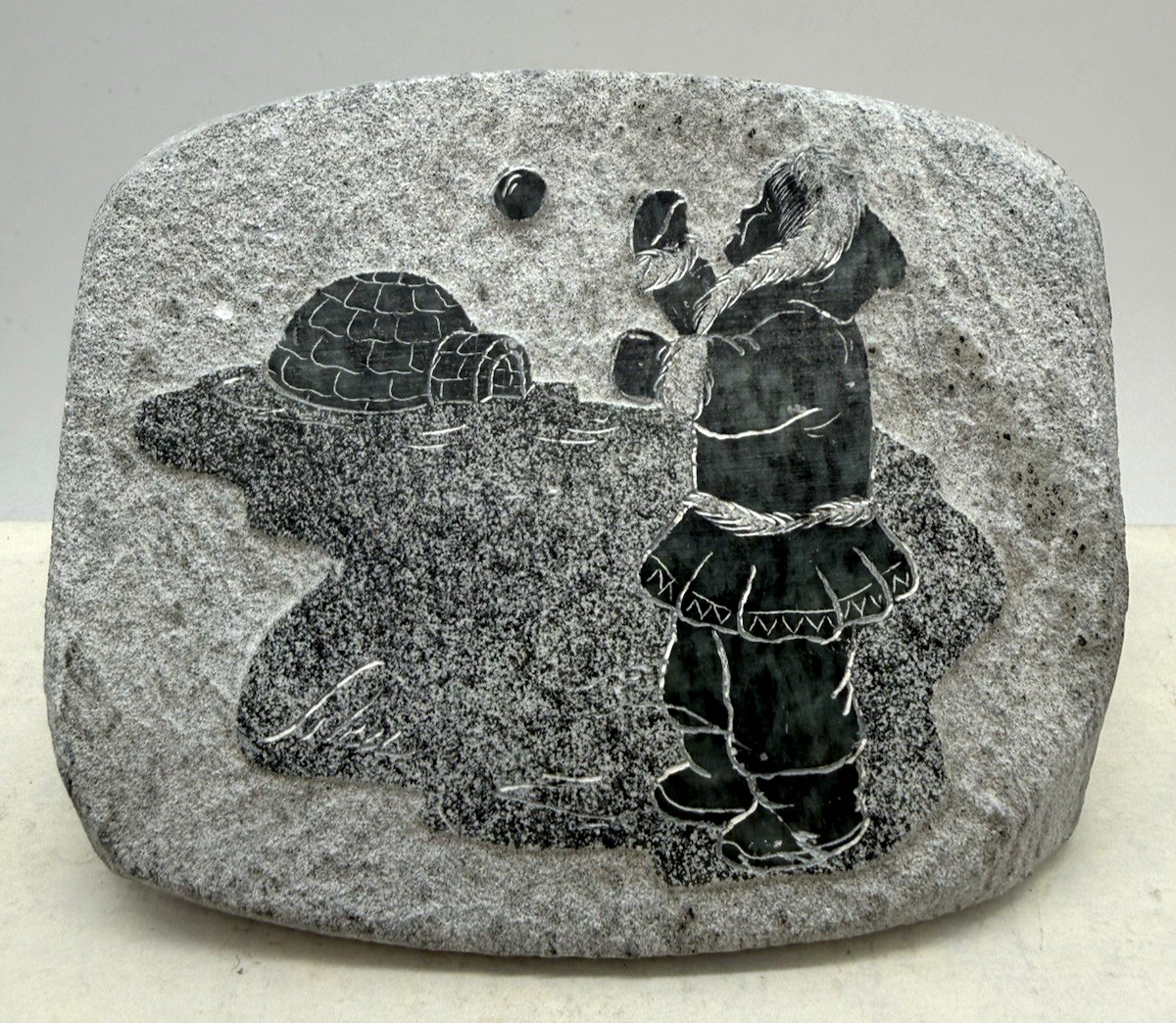 Genuine Soapstone Etched Canadian Eskimo Girl & Igloo Paperweight Handcrafted 4″