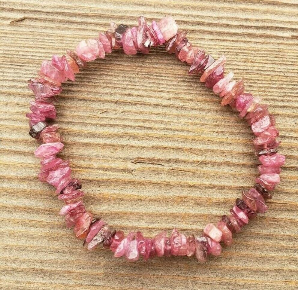 NATURAL PINK TOURMALINE STONE GEMSTONE STRETCHY CHIP BRACELET