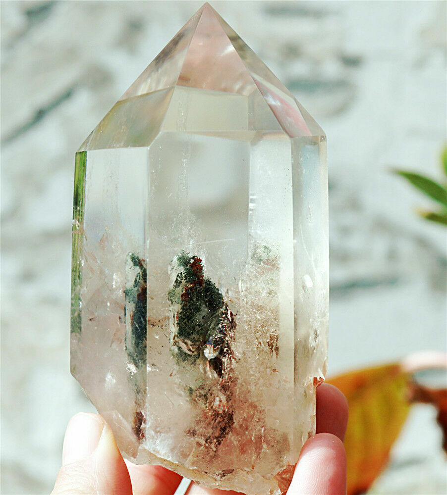 0.88lb Natural Clear Green Red Phantom Quartz Crystal Tower Wand Point Healing