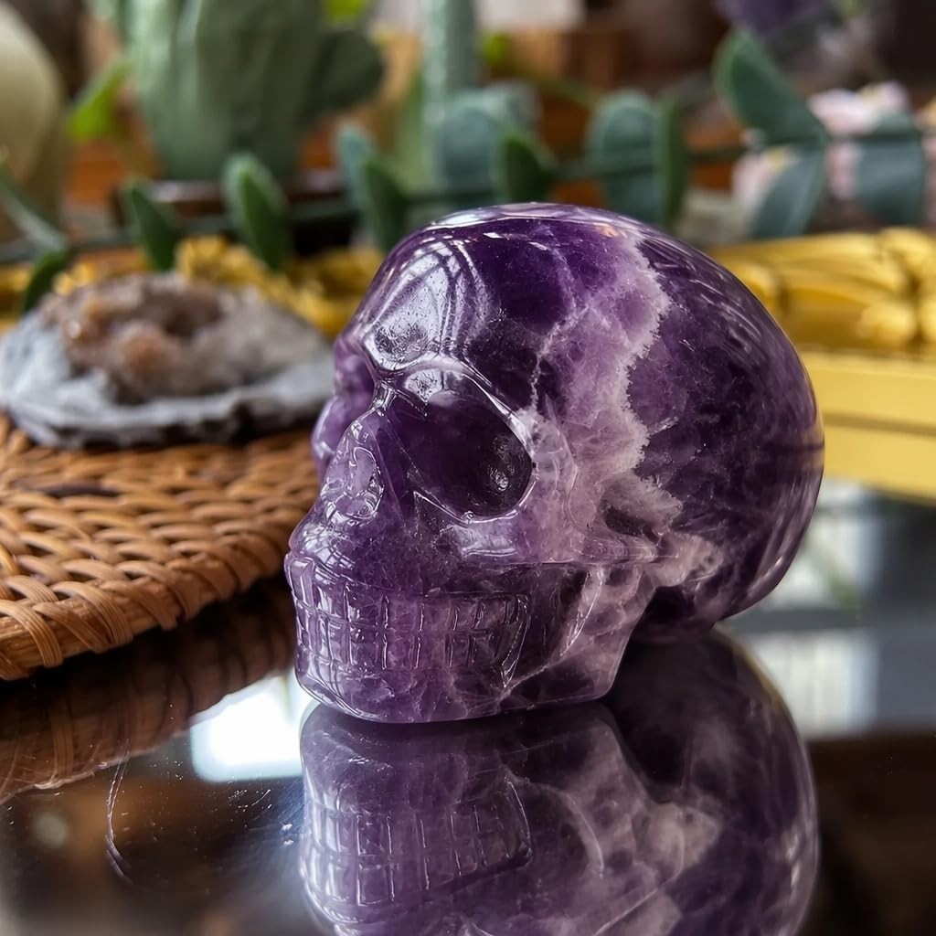 Amethyst Skull Statue, 2 Inch, Hand-Carved, Polished Crystal Figurine
