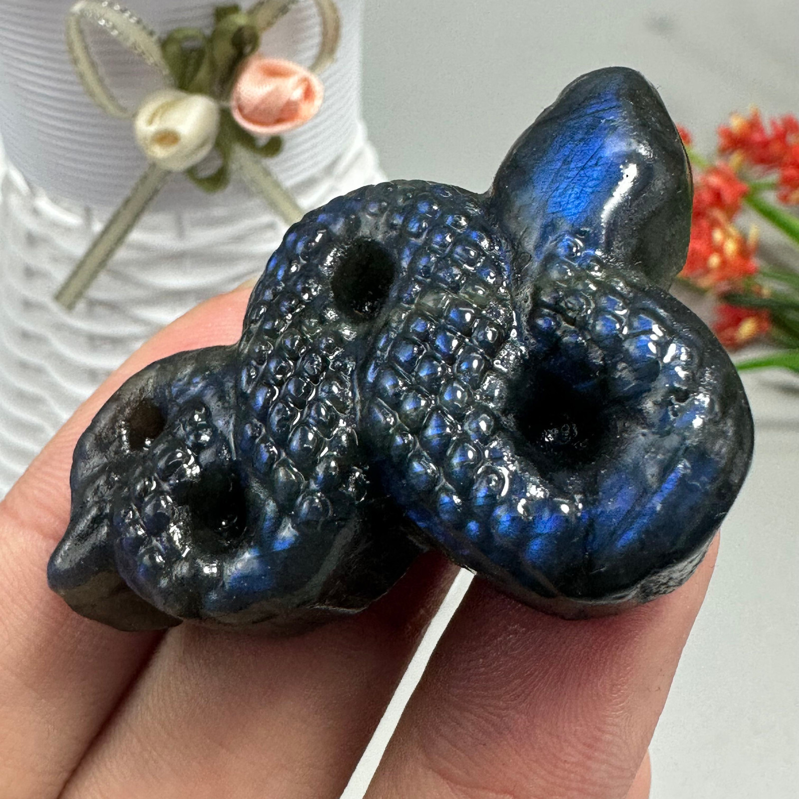 Natural Labradorite Carved Snake Quartz Skull Crystal Specimen Reiki Healing 1pc