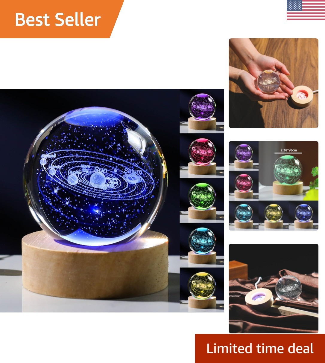 3D Solar System Crystal Ball with Colorful LED Touch Base – Perfect Gift