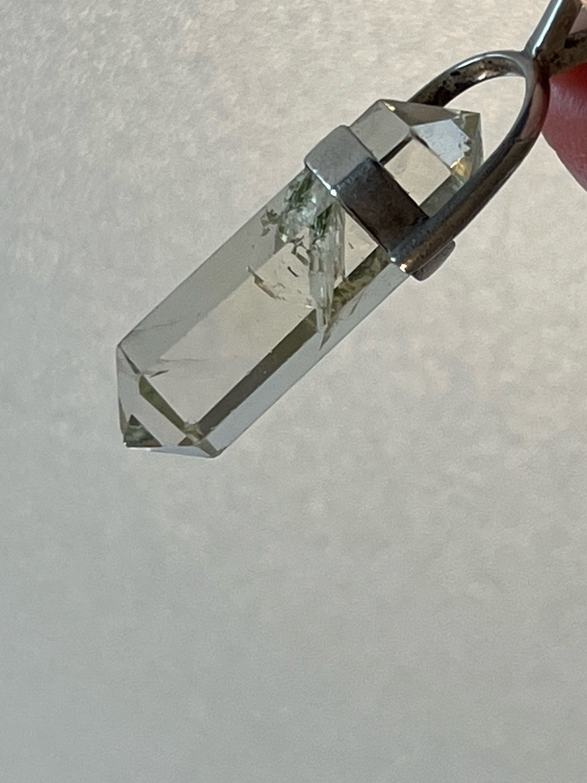 Green Phantom Quartz Pendant Double Terminated Clear Crystal Silver Hoop 6.9g