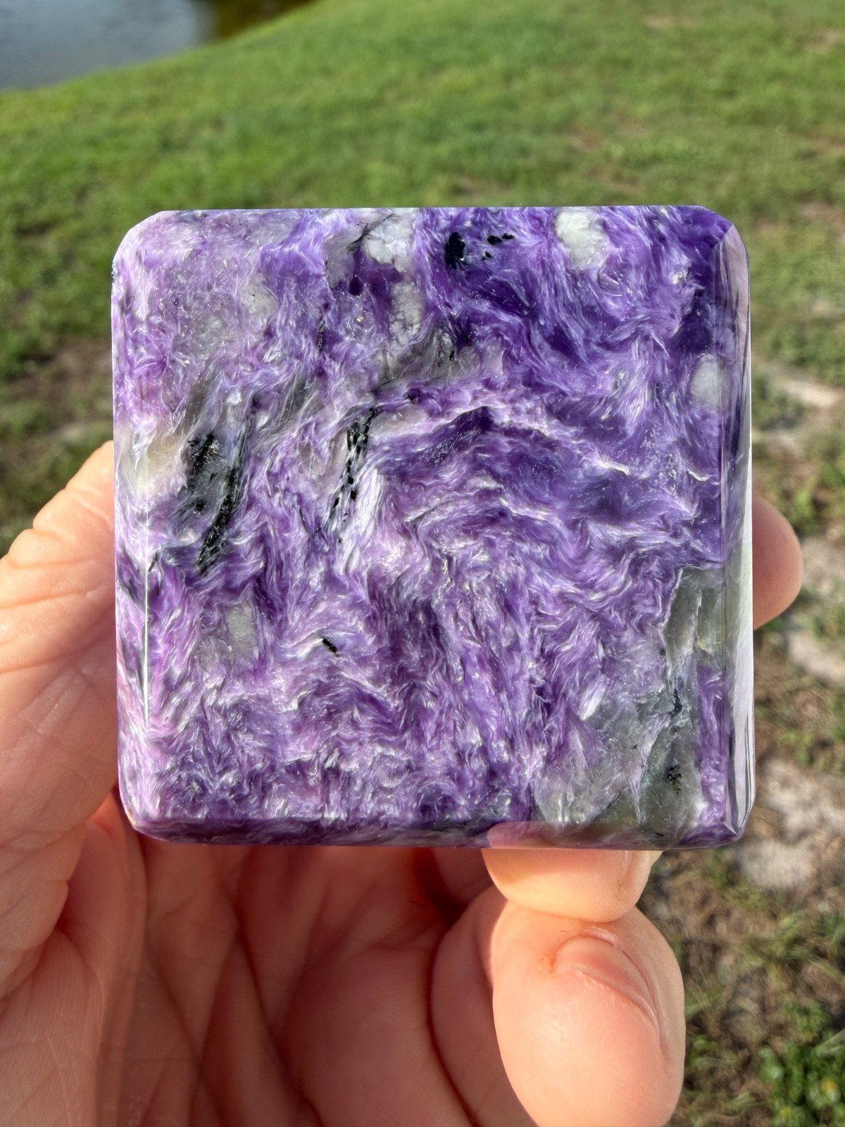 Large Charoite Polished Gemstone Cube 2″ square 316 Grams Colored by Nature