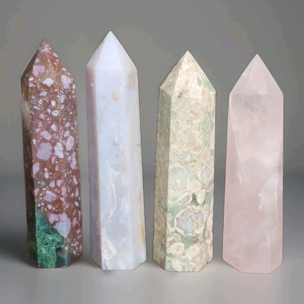 Lot Of 4 Llanite, Ocean Jasper, Green Flower Agate & Rose Quartz Towers – USA
