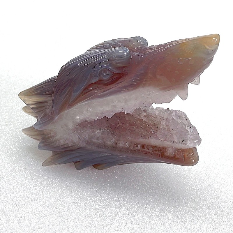 4.0” Natural Geode Wolf skull Hand Carved Crystal Skull , Home Decorator