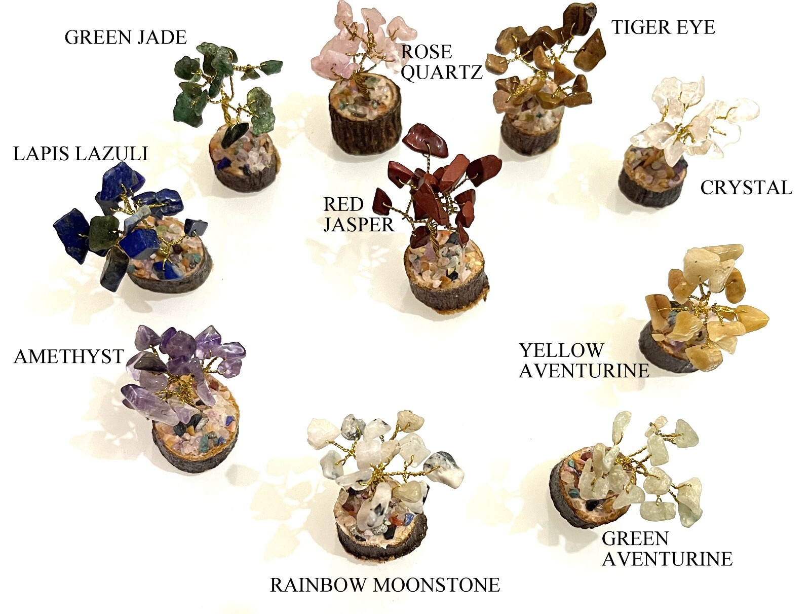 AGATE TREES LOT OF 10 DIFFERENT STONES HEALING CHAKRA TREES SET WOODEN BASE CHIP