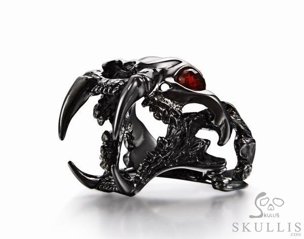 Fang Black Rutanium 925 Sterling Silver Plated Sabertooth Skull Ring with Garnet