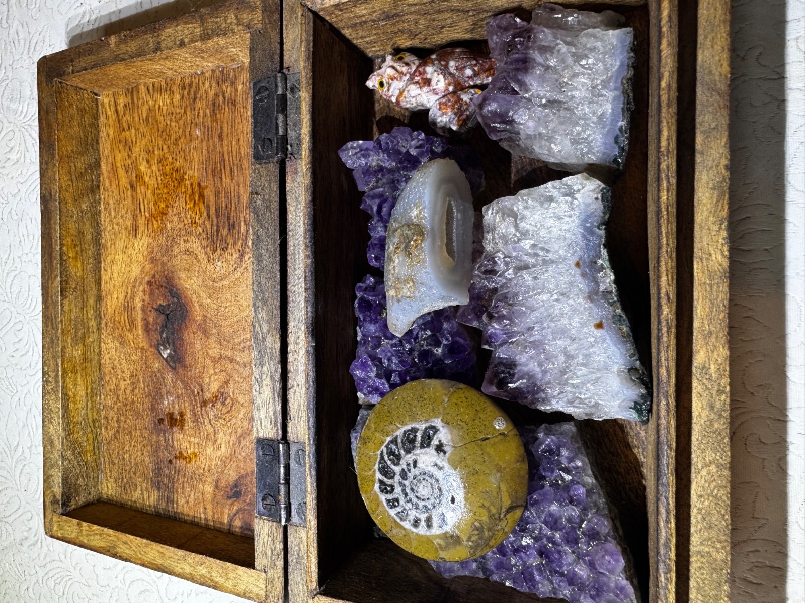 Amethyst Clusters, Blue Agate Slice, Ammonite Fossil & Stone owl