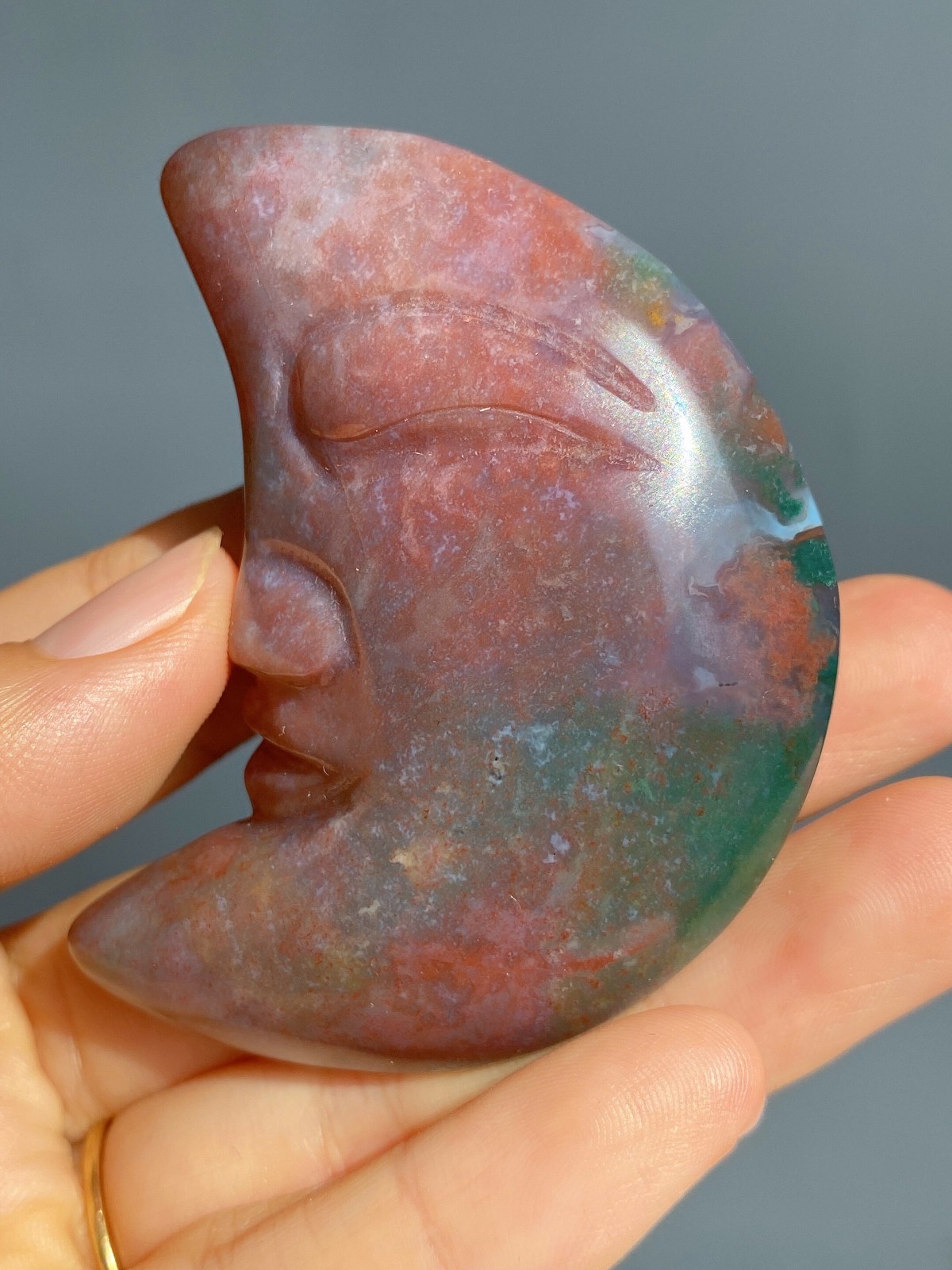 Carved Moon Face Ocean Jasper Crescent Decorative Collectible Meditation Crystal