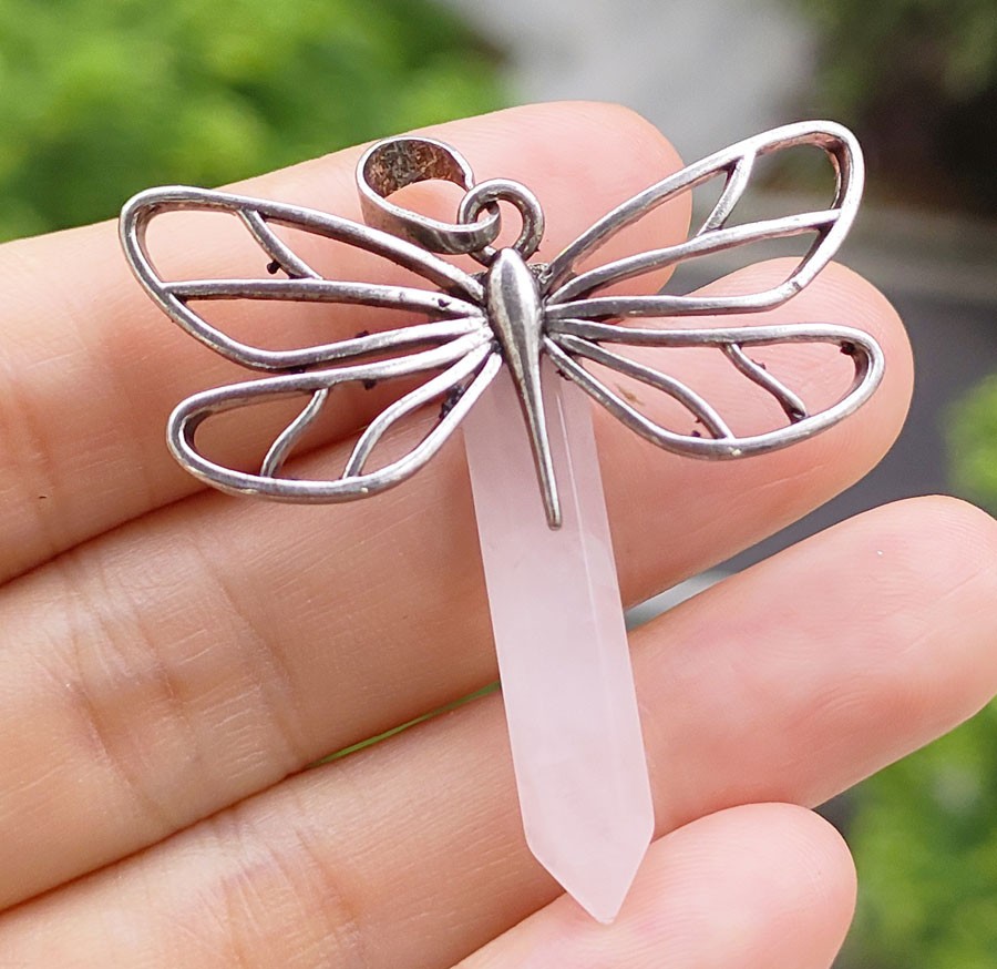 9pcs Natural Rose Quartz Gems Dragonfly Pendant Chakra Reiki Amulet