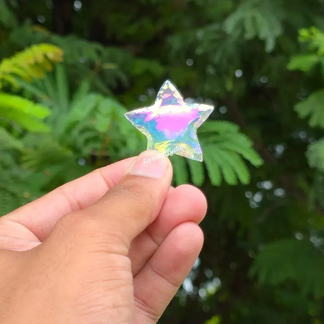 Angel Aura Quartz Crescent Star: Rainbow Titanium Coated Opalite Crystal