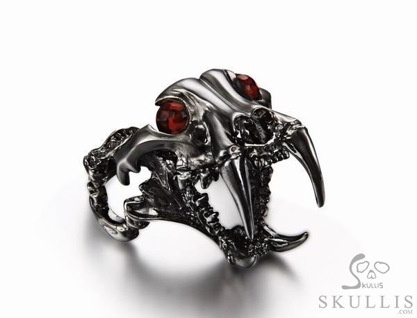 Fang Black Rutanium 925 Sterling Silver Plated Sabertooth Skull Ring with Garnet