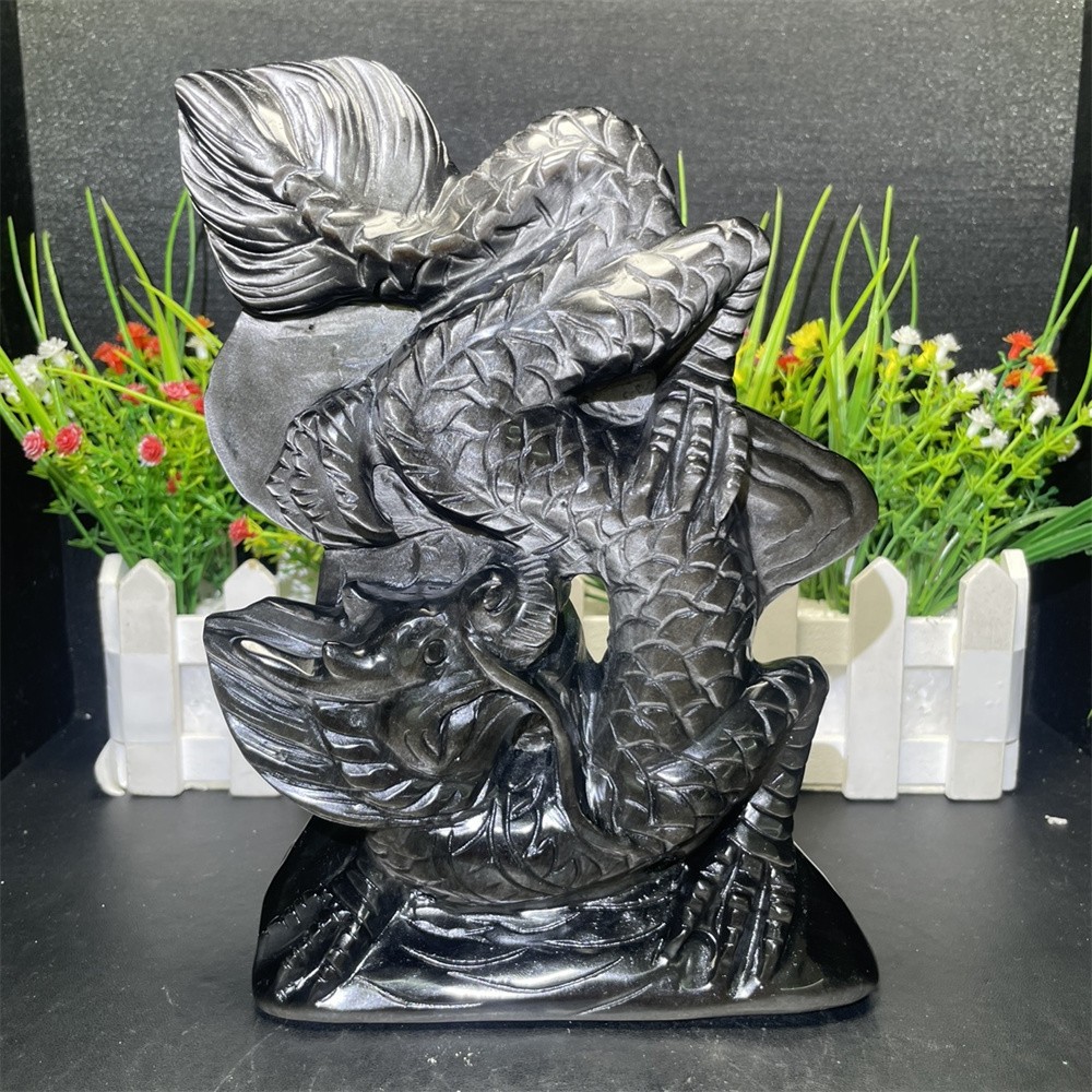 3LB 8″ Natural Silver Obsidian Dragon Carved Crystal Quartz Mineral Statue