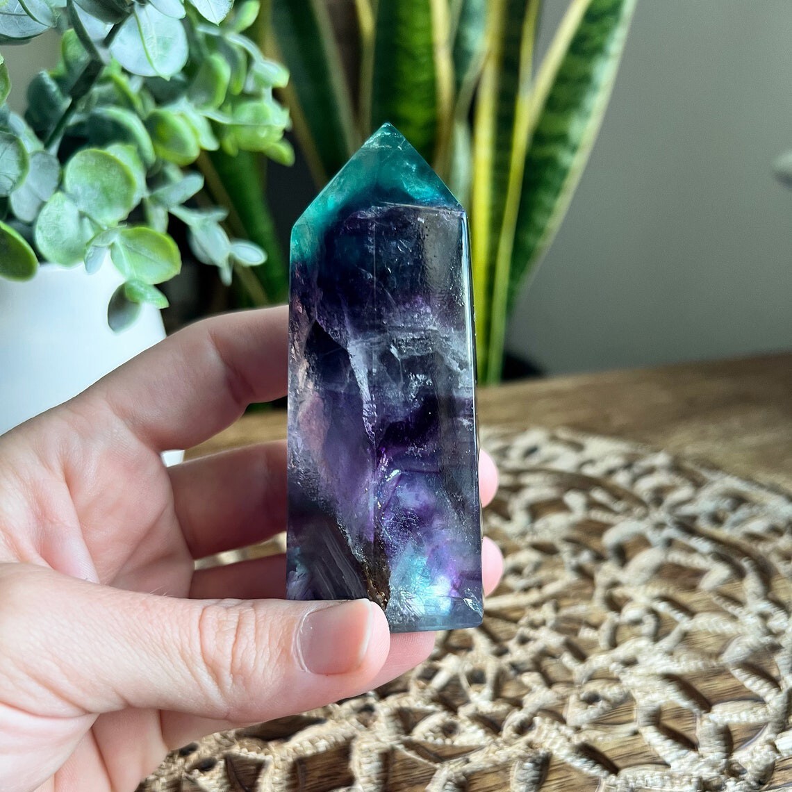 Natural Rainbow Fluorite Tower Obelisk Healing Crystal Wand Home Decoration