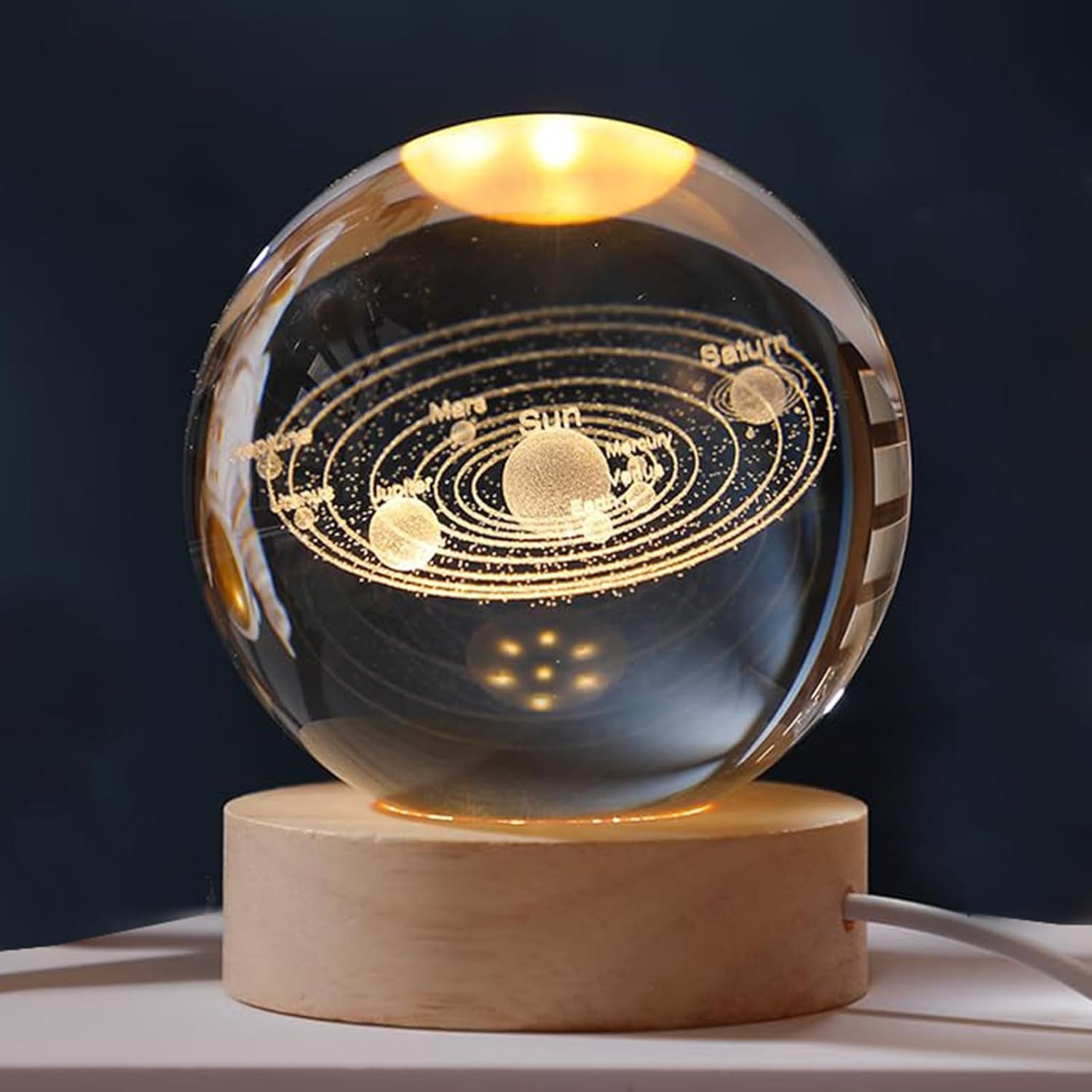 3D Solar System Clover Crystal Ball 60mm with Wood Base, Good Universe Gifts Ide
