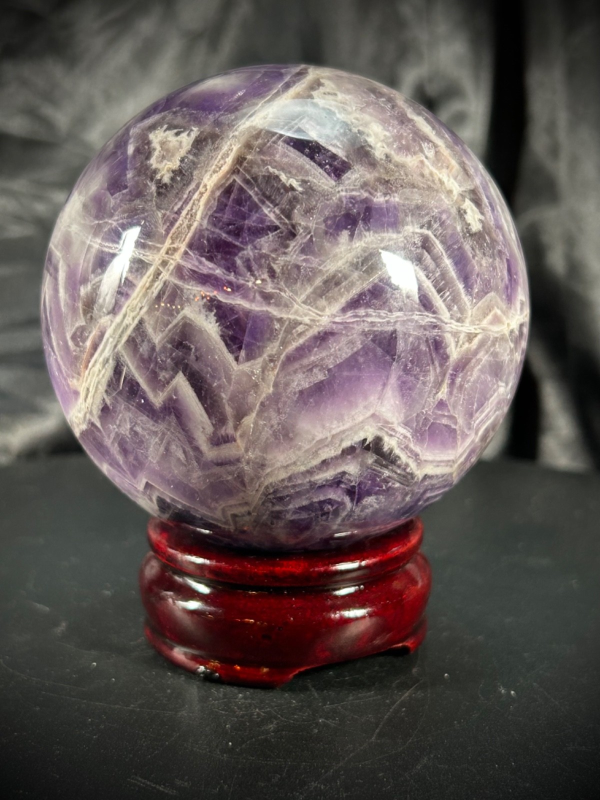 3.41″ Chevron (Dream) Amethyst Sphere With Wood Stand 2lb 0.6oz