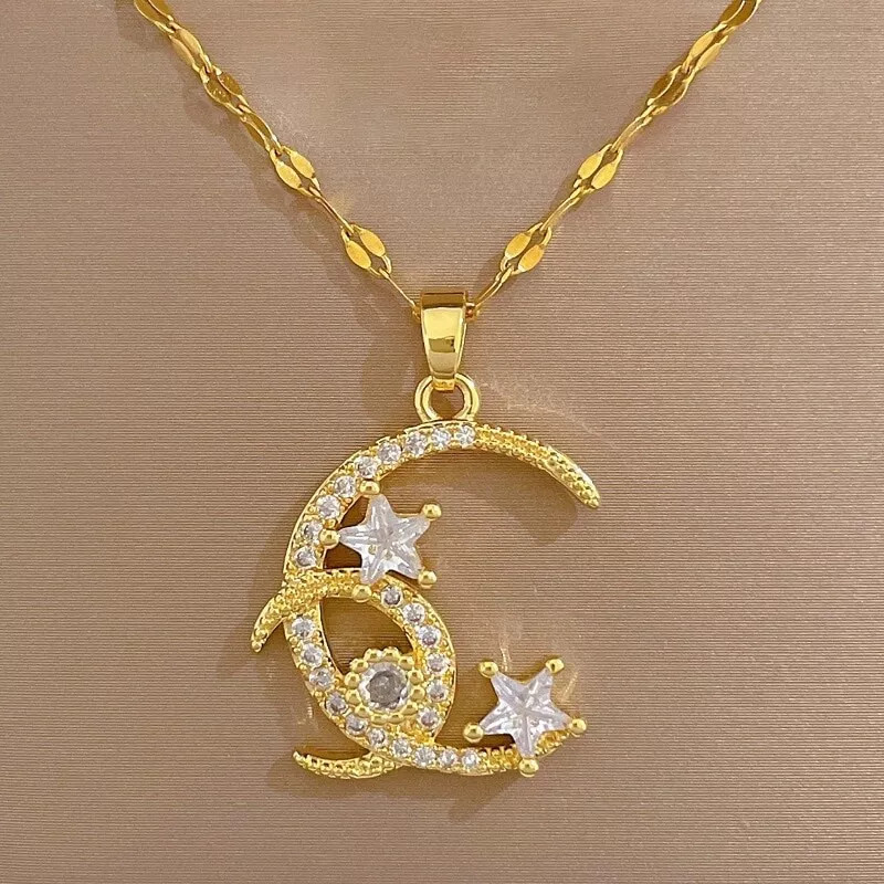 Fashion Jewelry Gold Cubic Zircon Crescent Moon And Stars Pendant Necklace 1PC