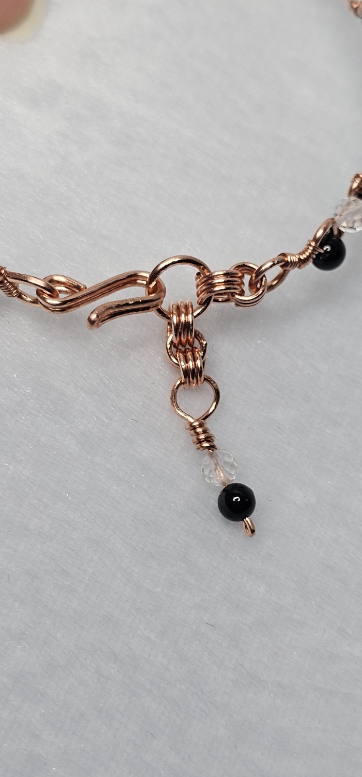 Clear Quartz and Black Tourmaline Bracelet 5mm Beads Wrapped In Copper 8 Inches