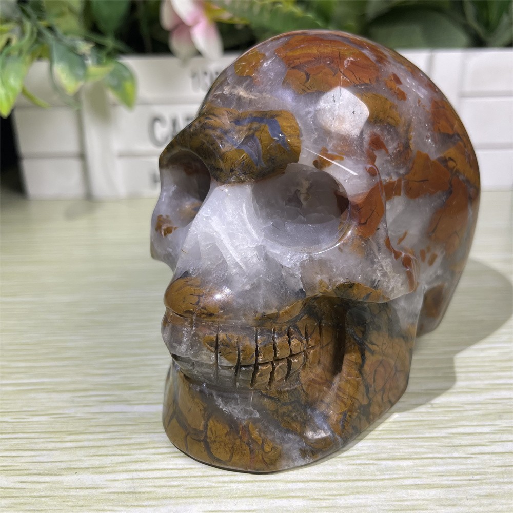 1.8LB 3.8″Natural Indonesian Agate Skull Crystal Quartz Carving Reiki Decoration