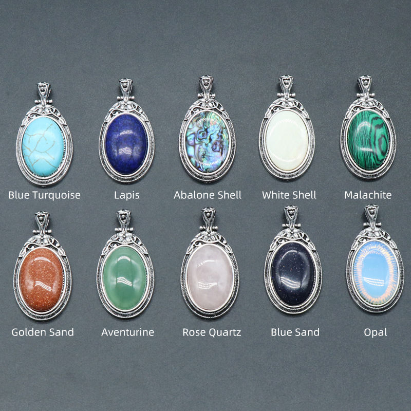 Crystal Agate Alloy Inlaid Gemstone Pendant Oval Stone Necklace 1pc