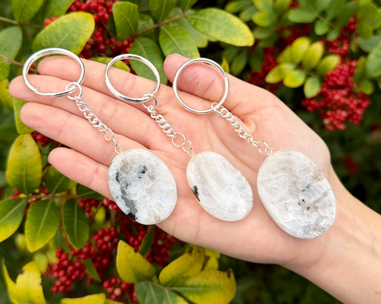 Rainbow Moonstone Worry Stone Keychain (Polished Moonstone Crystal Key Chains)