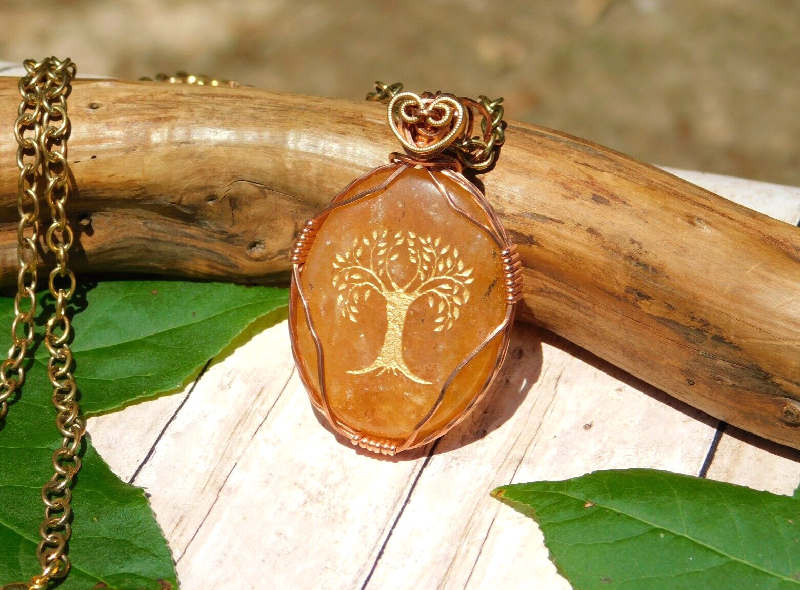 Orange Aventurine Natural Pendant Necklace Tree of Life Amulet Energy Healing