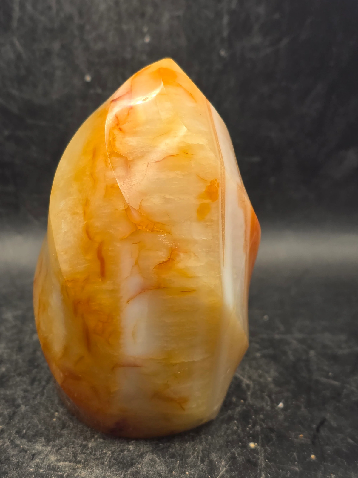 Carnelian agate flame tower! 12 ounces, 3.3 inches tall, 2.2″ wide!
