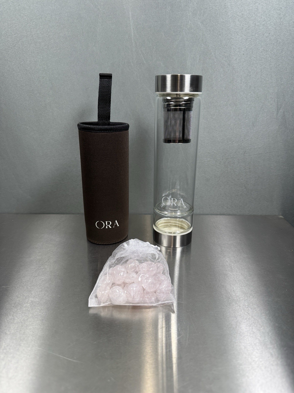 ORA ROSE QUARTZ CRYSTAL INFUSED WATER BOTTLE Silver Removable Base For Cleaning