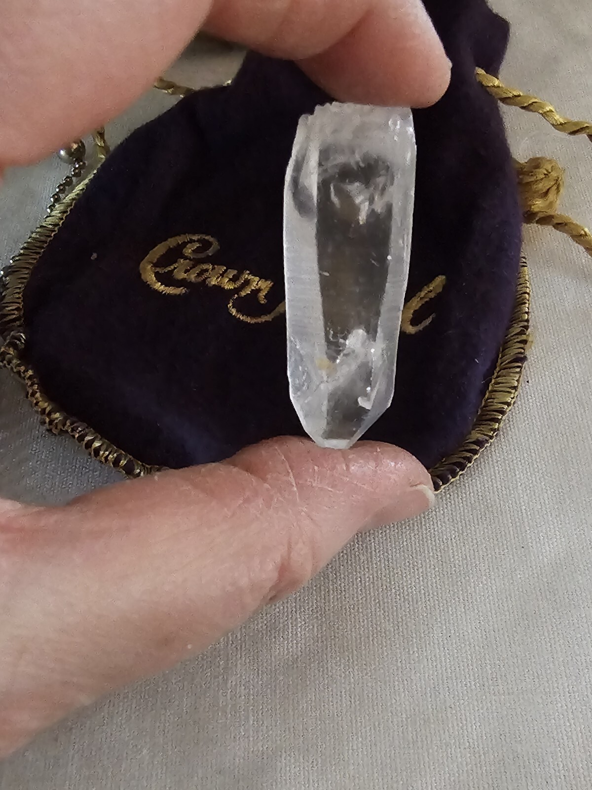 Natural Clear Quartz, Metal Pendulum pendant Royal Crown Felt Purple Pouch
