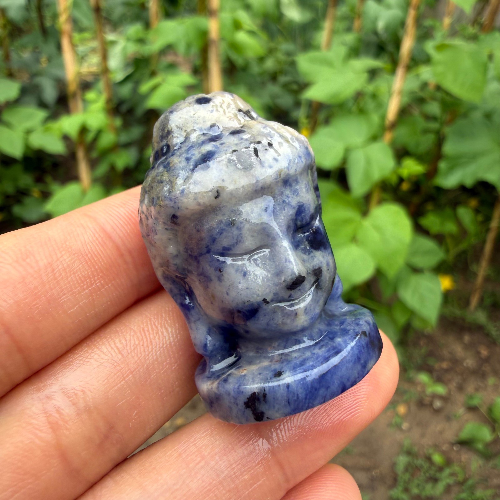 1pc natural blue grain stone Quartz Crystal Carved Buddha’s head Reiki Healing